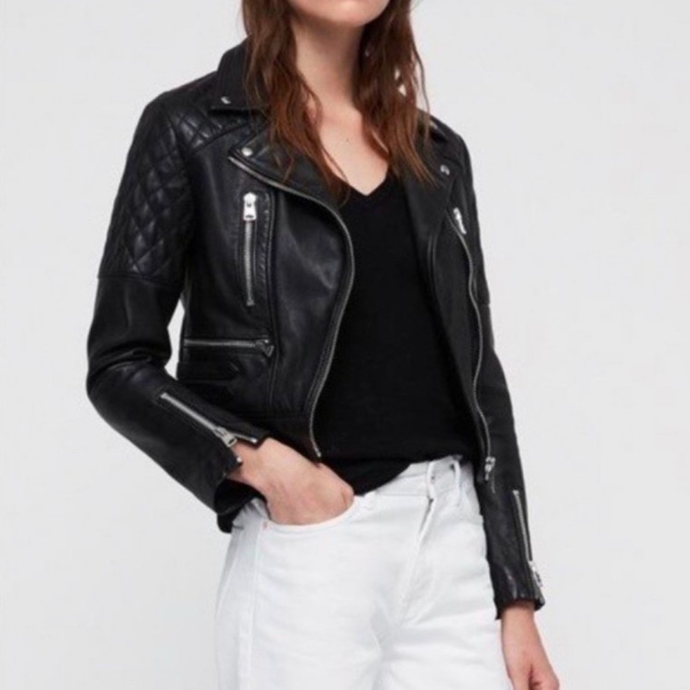 AllSaints HEAVYWEIGHT Nysa Quilted Genuine Leather Biker Jacket in Black